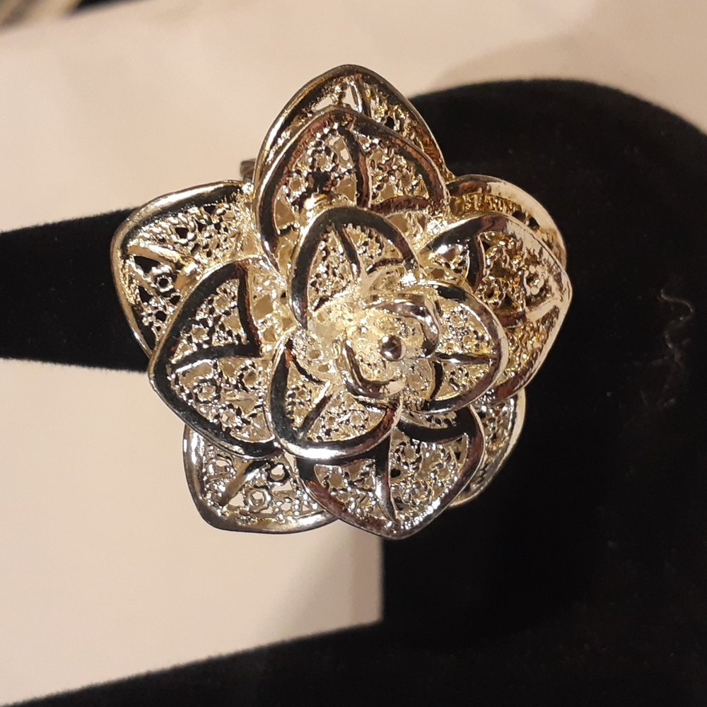Huge Sterling Silver Filigree Lace Rose Ring, Open Back Flower, Adjustable